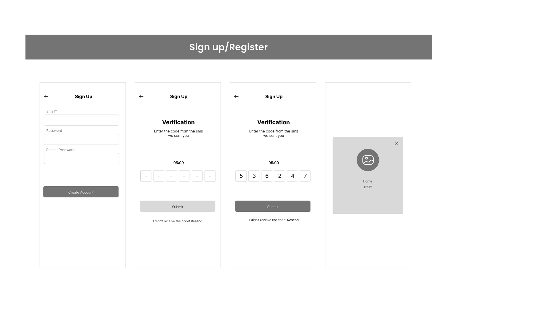 Knit&Go sign up and registration wireframes
