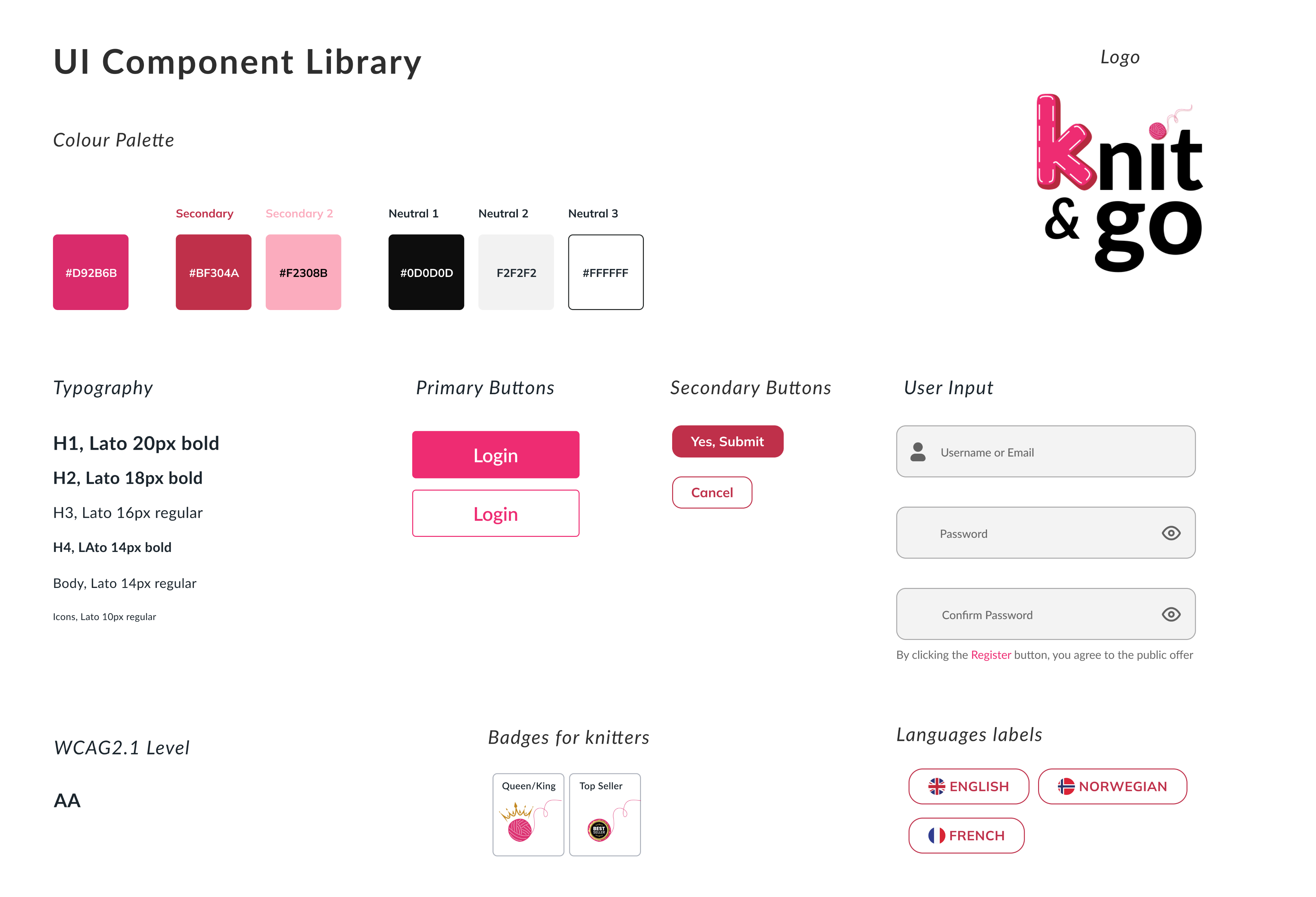 Knit&Go visual identity and UI foundation: logo, typography, colors and components.