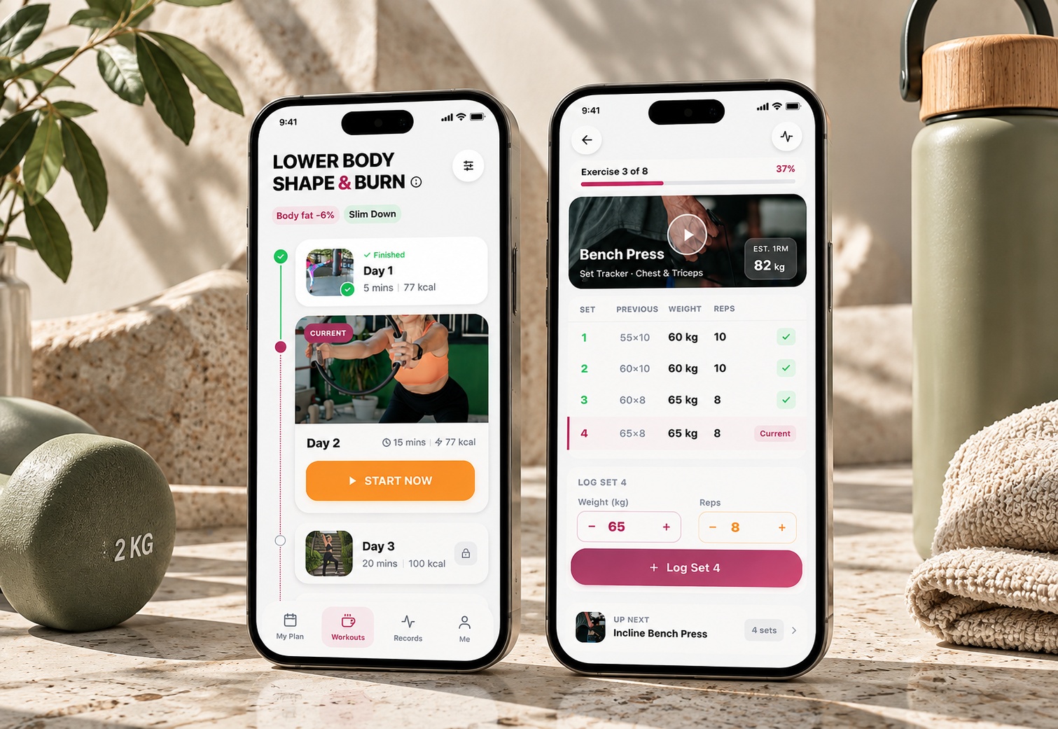 Active Workout mobile screens for fitness planning and progress