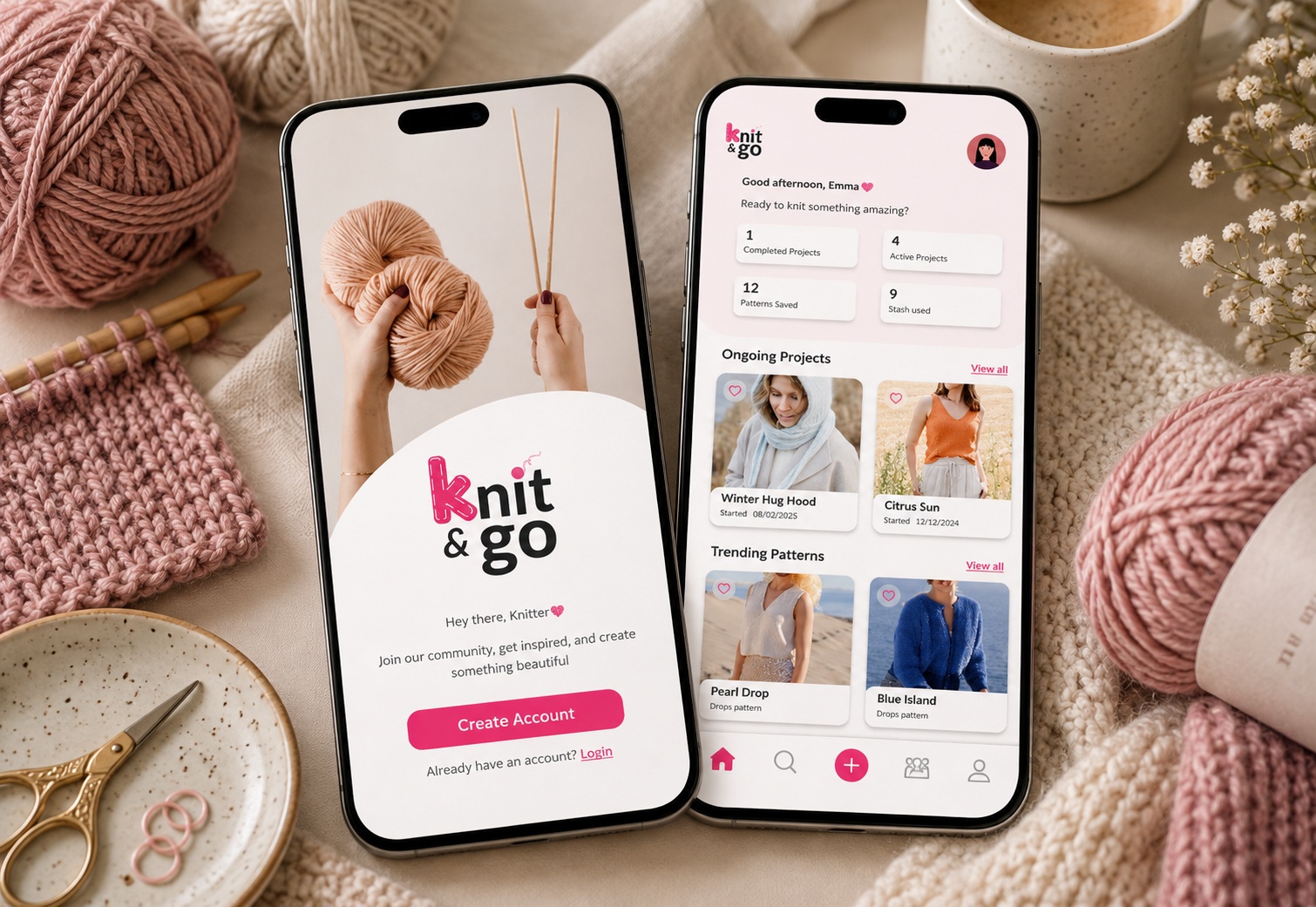 Multiple Knit & Go mobile screens for patterns, projects and community