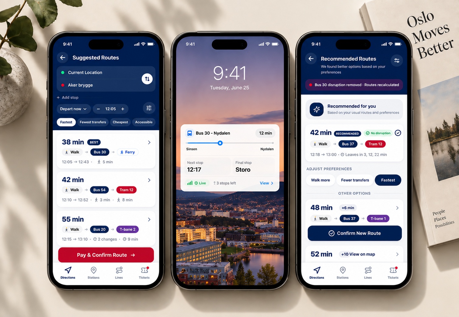 Transport App mobile journey screens with route and map information