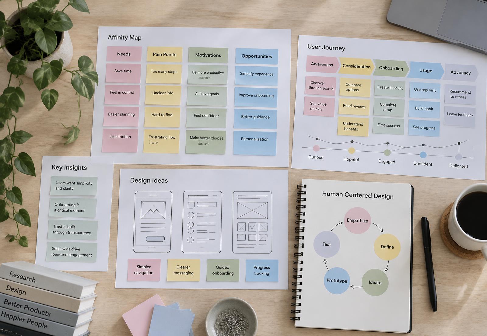 Research synthesis with an affinity map, journey and early design ideas